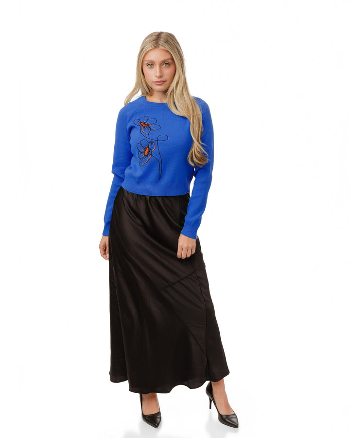 Black And Orange Flowers Embroidered Sweater - Royal Blue