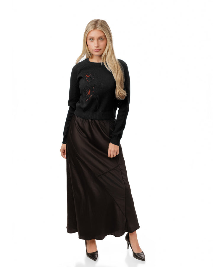 Black And Orange Flowers Embroidered Sweater - Black