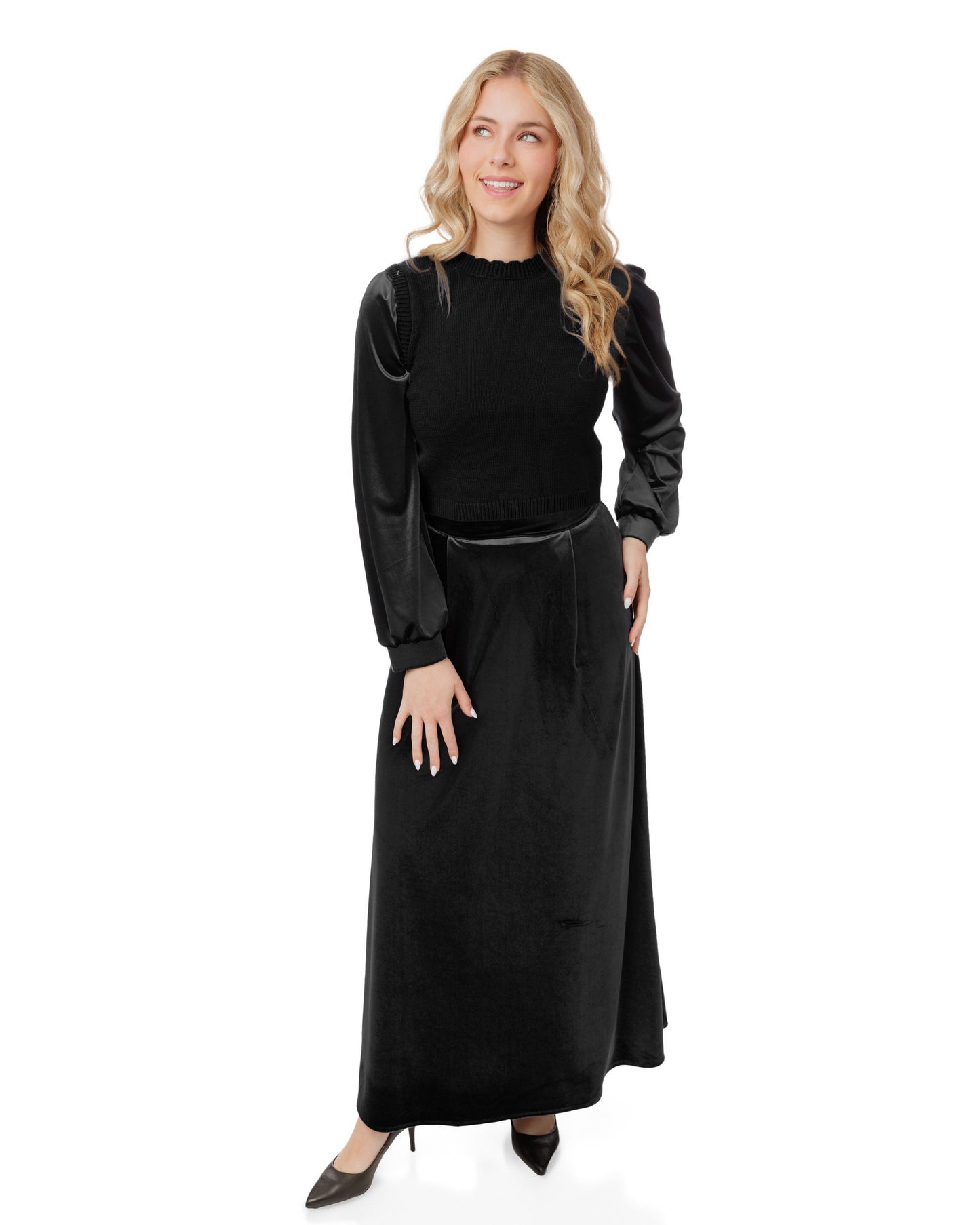 Velvet A-Line Midi Skirt - Black