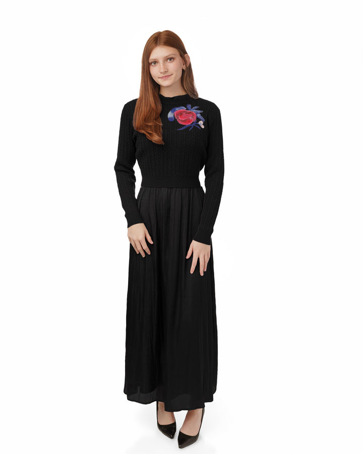 Satin Dress With Knit Floral Overlay - Black