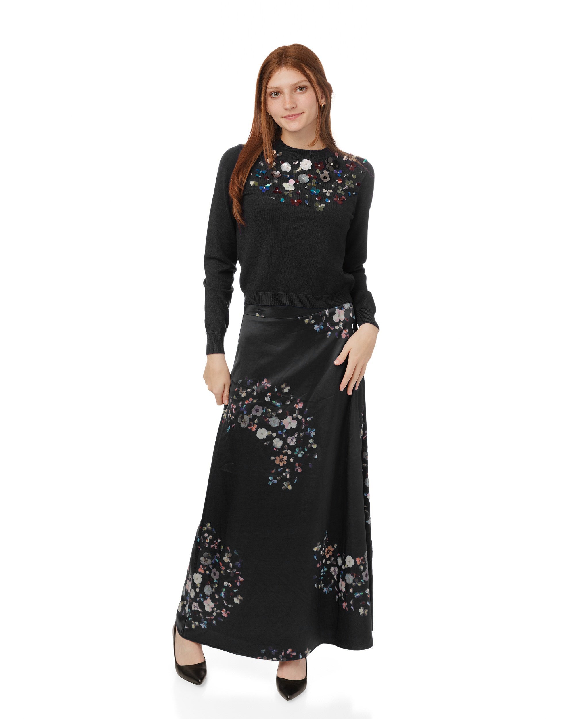 Slip Skirt With Multi Floral Print - Black