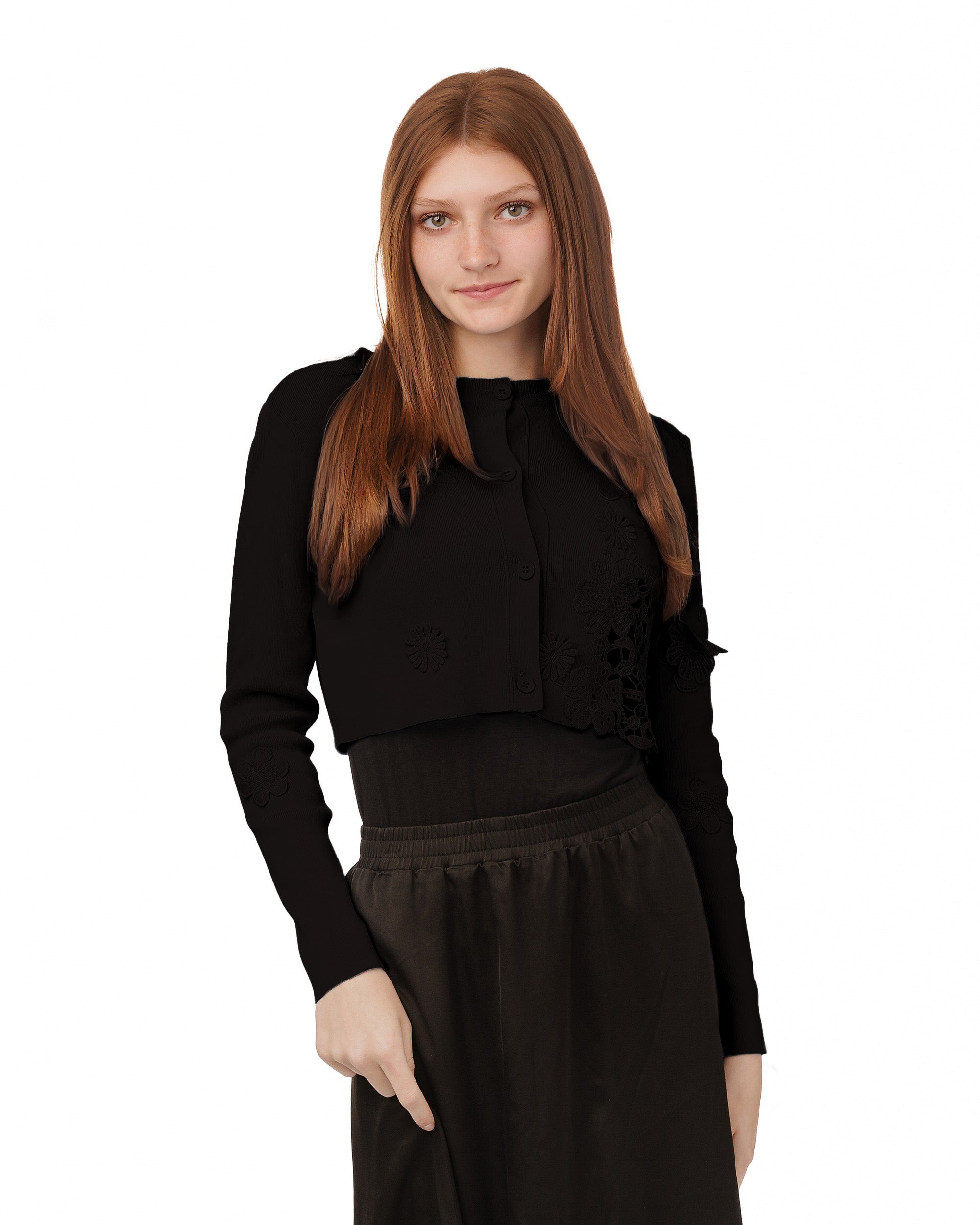 Knit Cardigan With Floral Lace Applique - Black