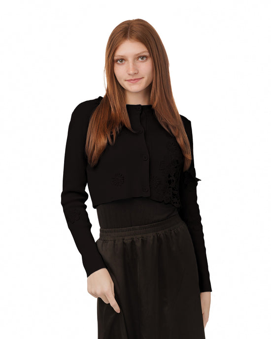 Knit Cardigan With Floral Lace Applique - Black