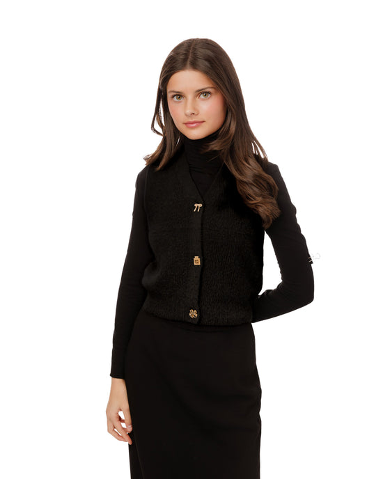 Fuzzy Knit Vest With Gold Shaped Buttons - Black