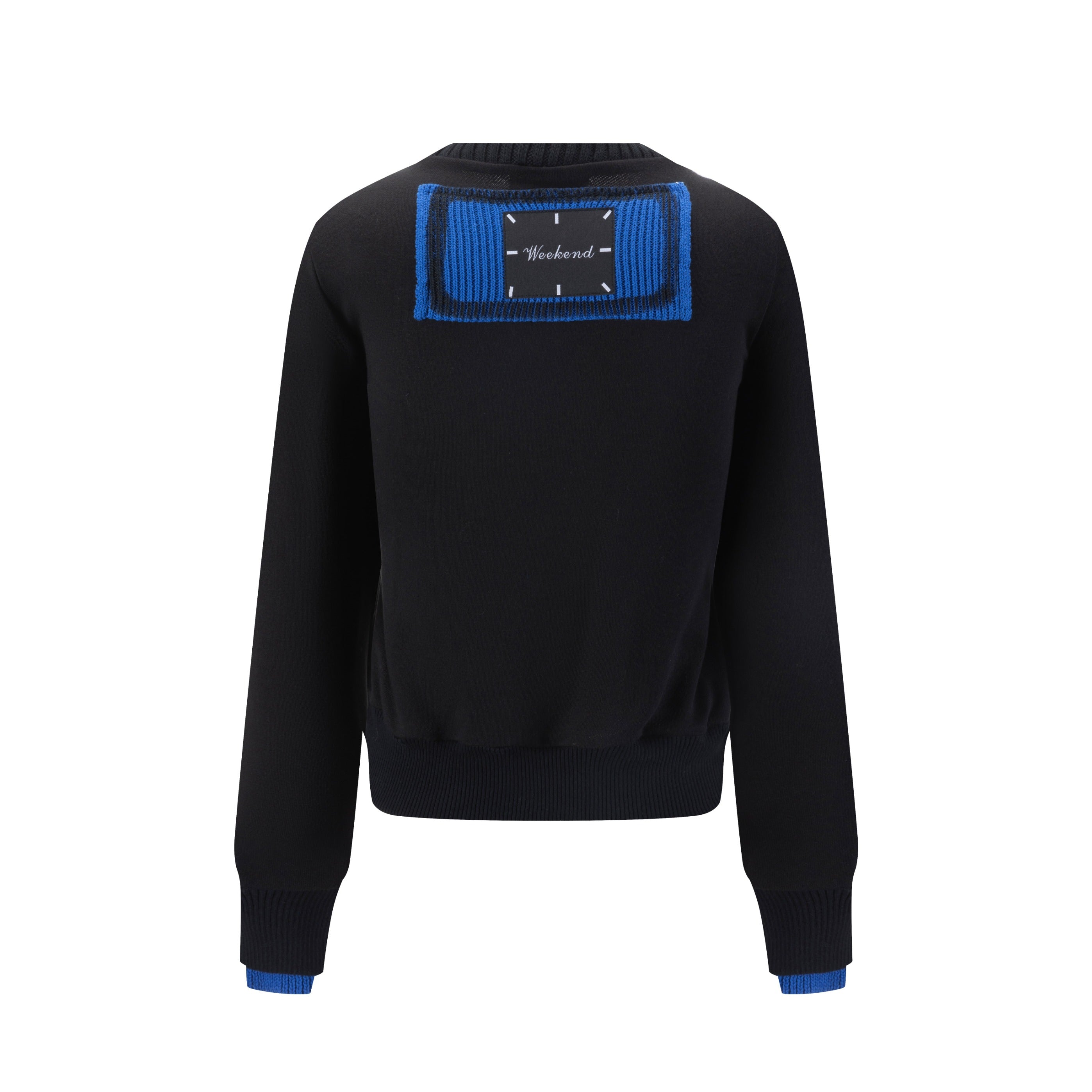 Black Sweater With Green And Blue Knit Pocket Details