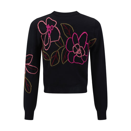 Black And Hot Pink Yarn Embroidered Knit Top