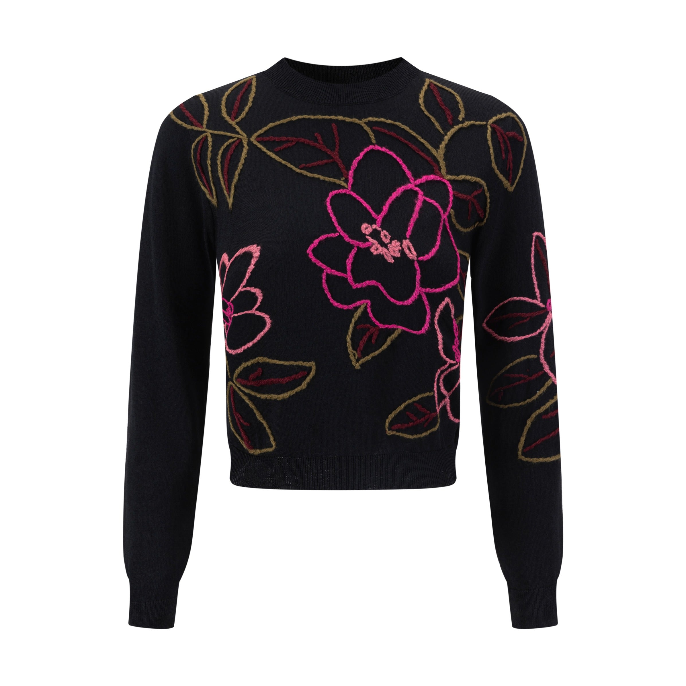 Black And Hot Pink Yarn Embroidered Knit Top