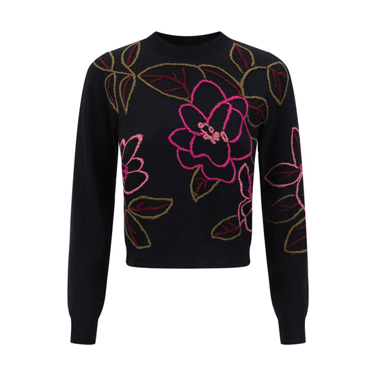 Black And Hot Pink Yarn Embroidered Knit Top