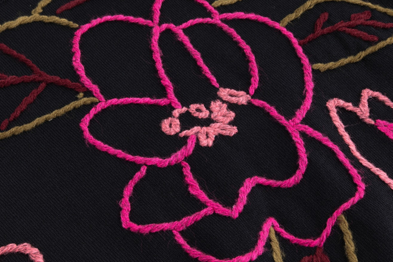 Black And Hot Pink Yarn Embroidered Knit Top
