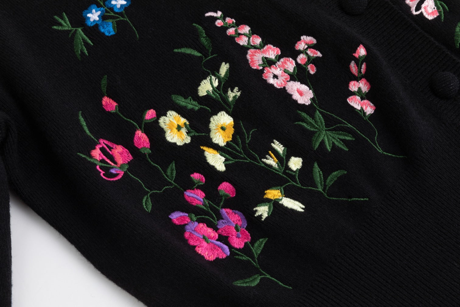 Multi Colored Floral Embroidery Cardigan - Black