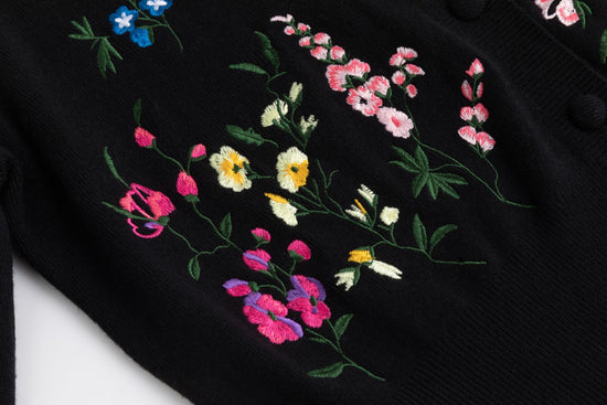 Multi Colored Floral Embroidery Cardigan - Black