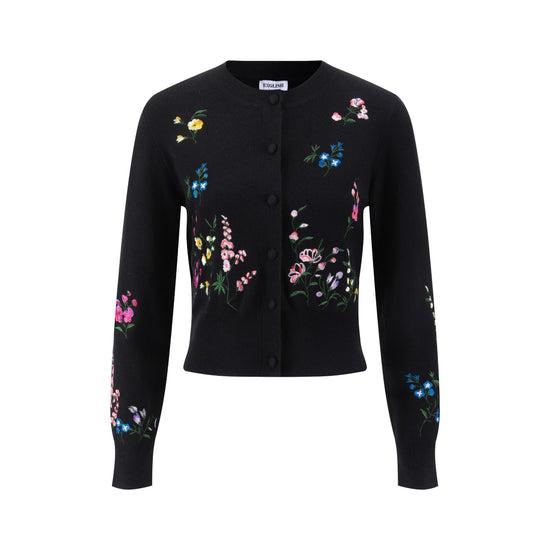 Multi Colored Floral Embroidery Cardigan - Black