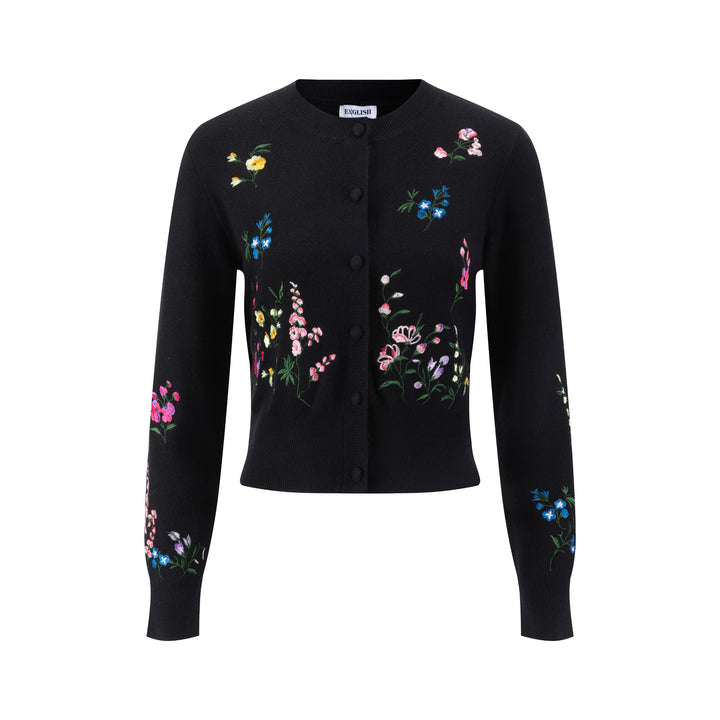 Multi Colored Floral Embroidery Cardigan - Black