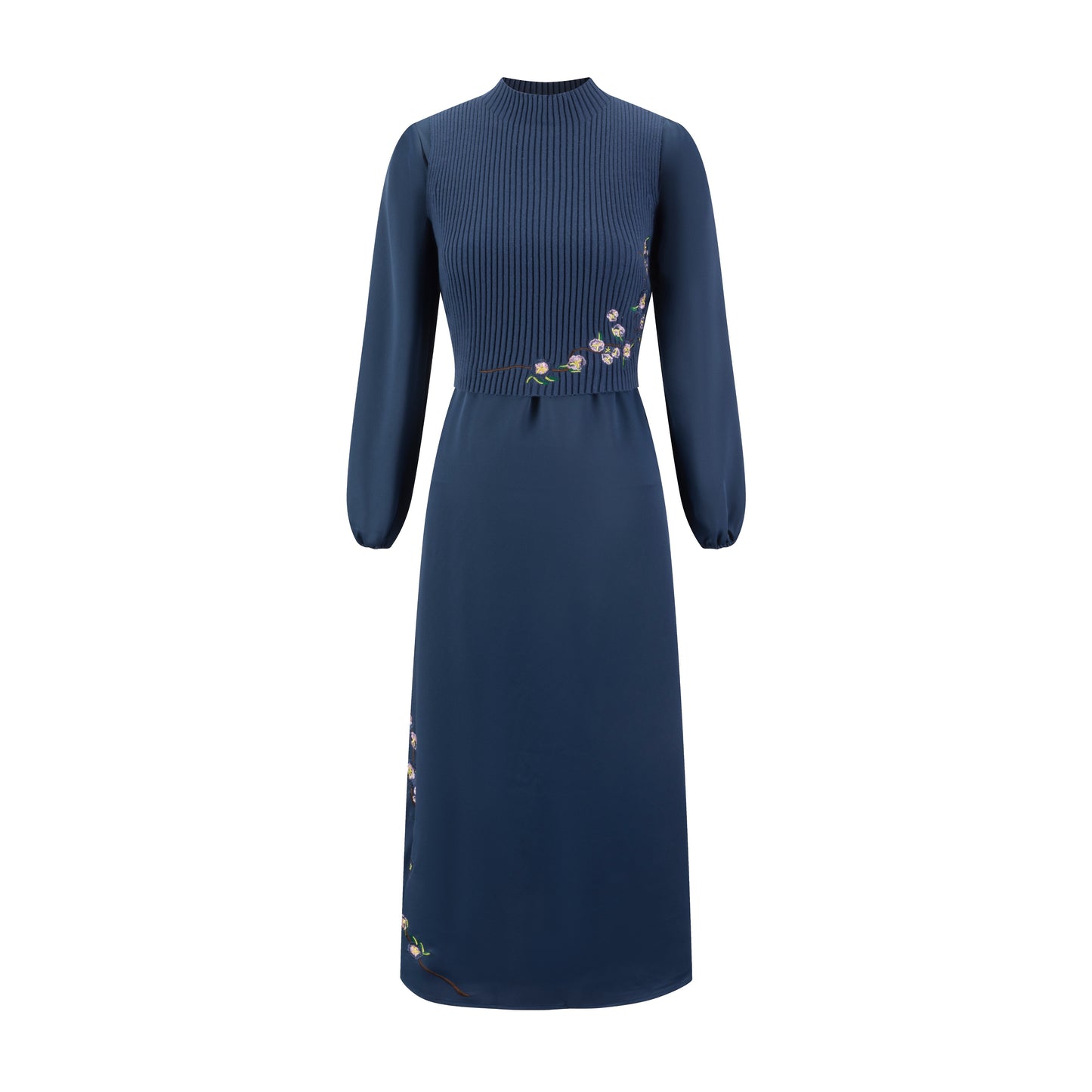 Blue Embroidered Dress With Knit Vest Overlay