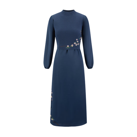 Blue Embroidered Dress With Knit Vest Overlay