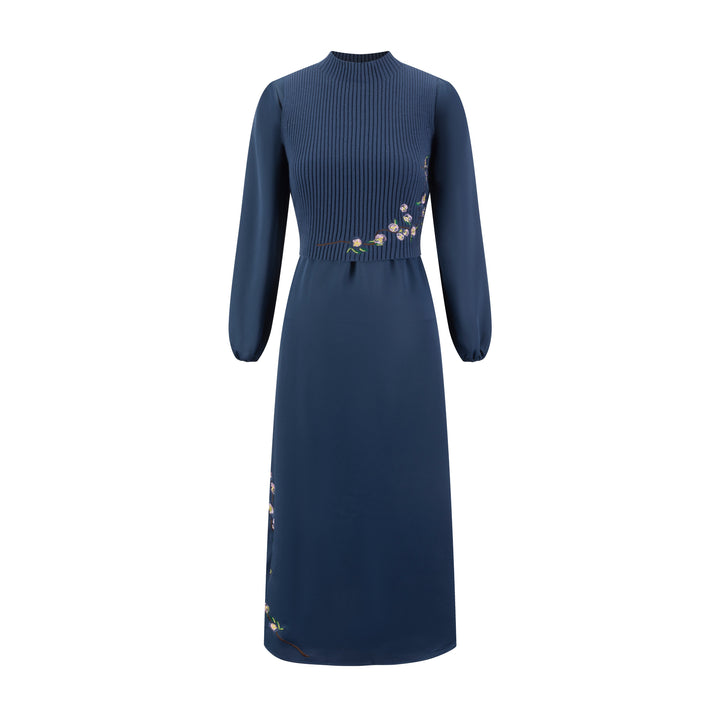 Blue Embroidered Dress With Knit Vest Overlay