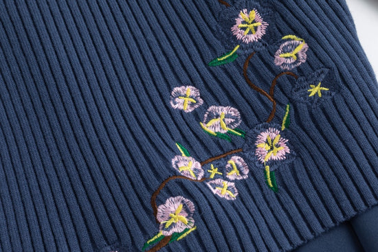 Blue Embroidered Dress With Knit Vest Overlay