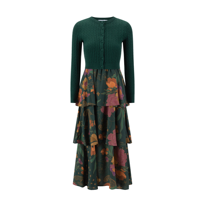Green Cable Knit Cardigan Overlay With Floral Printed Dress