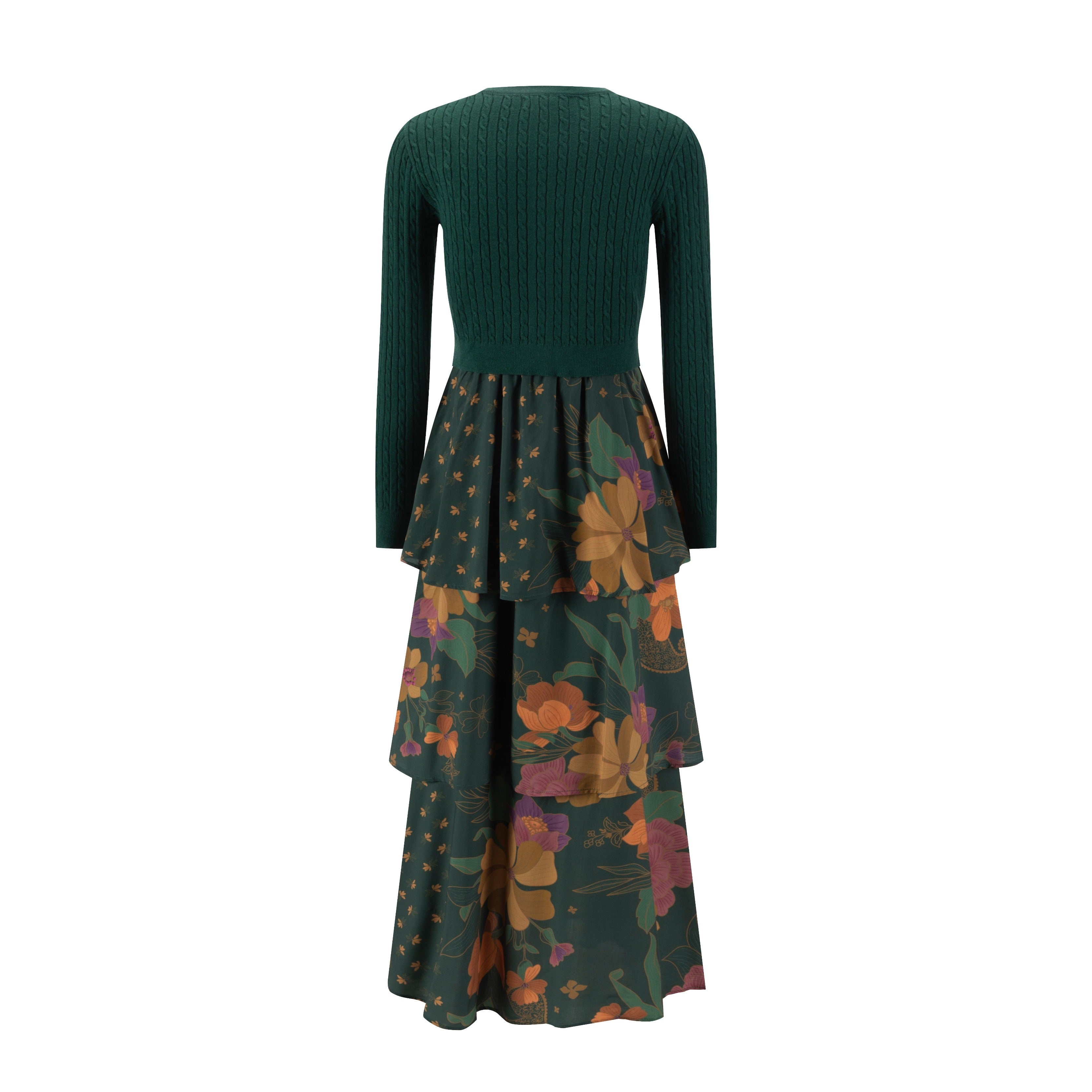 Green Cable Knit Cardigan Overlay With Floral Printed Dress
