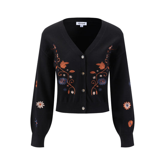 Cardigan With Cognac Embroidery - Black