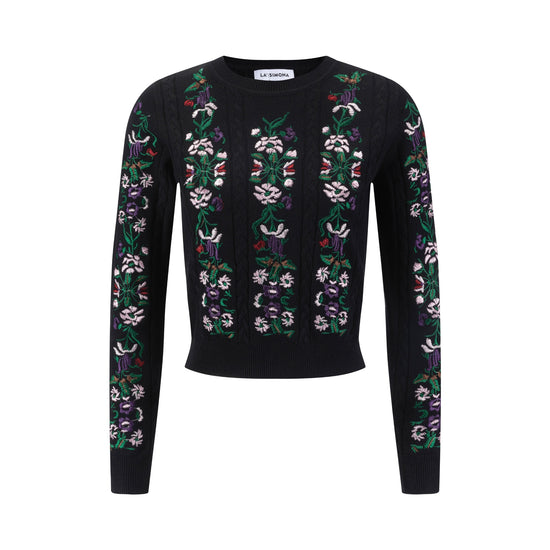 Sweater With Multi Colored Floral Embroidery - Black