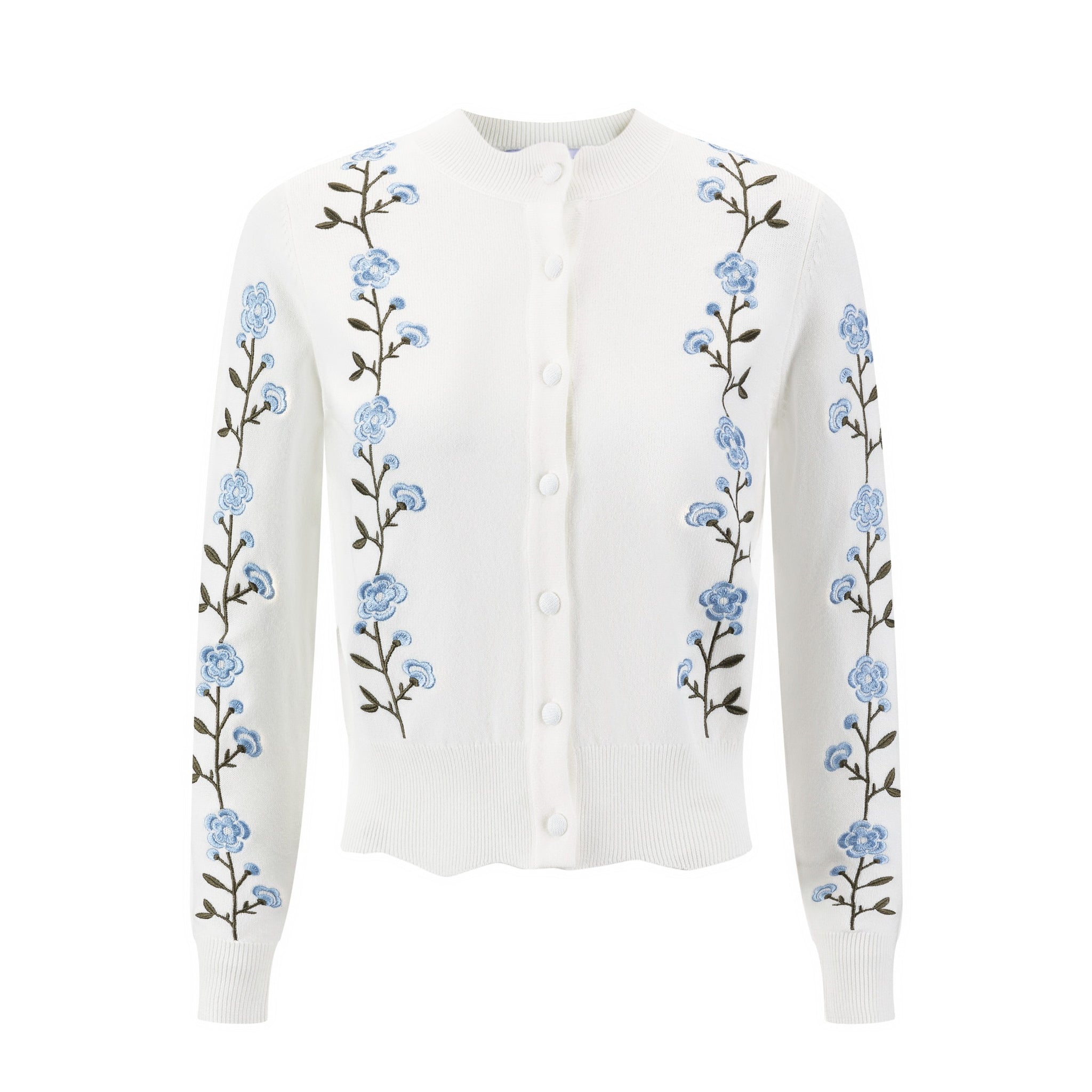 Green And Blue Floral Embroidered Cardigan - White