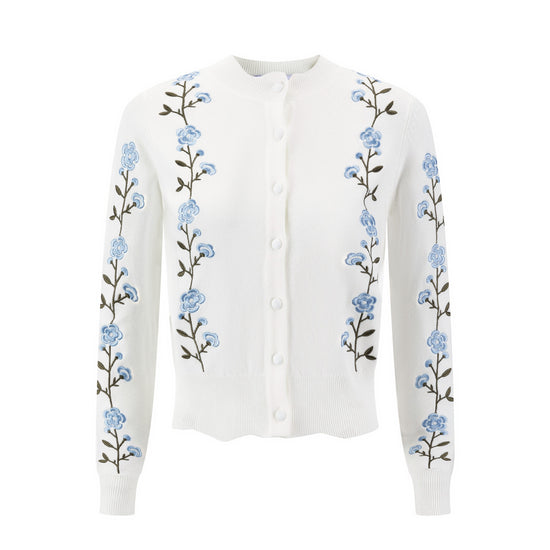Green And Blue Floral Embroidered Cardigan - White