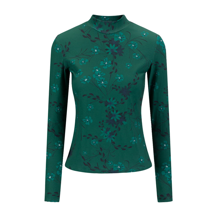 Green Floral Printed Mock Neck