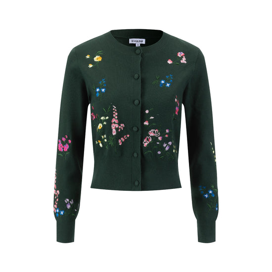 Multi Colored Floral Embroidery Cardigan - Green