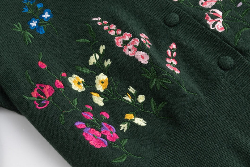 Multi Colored Floral Embroidery Cardigan - Green