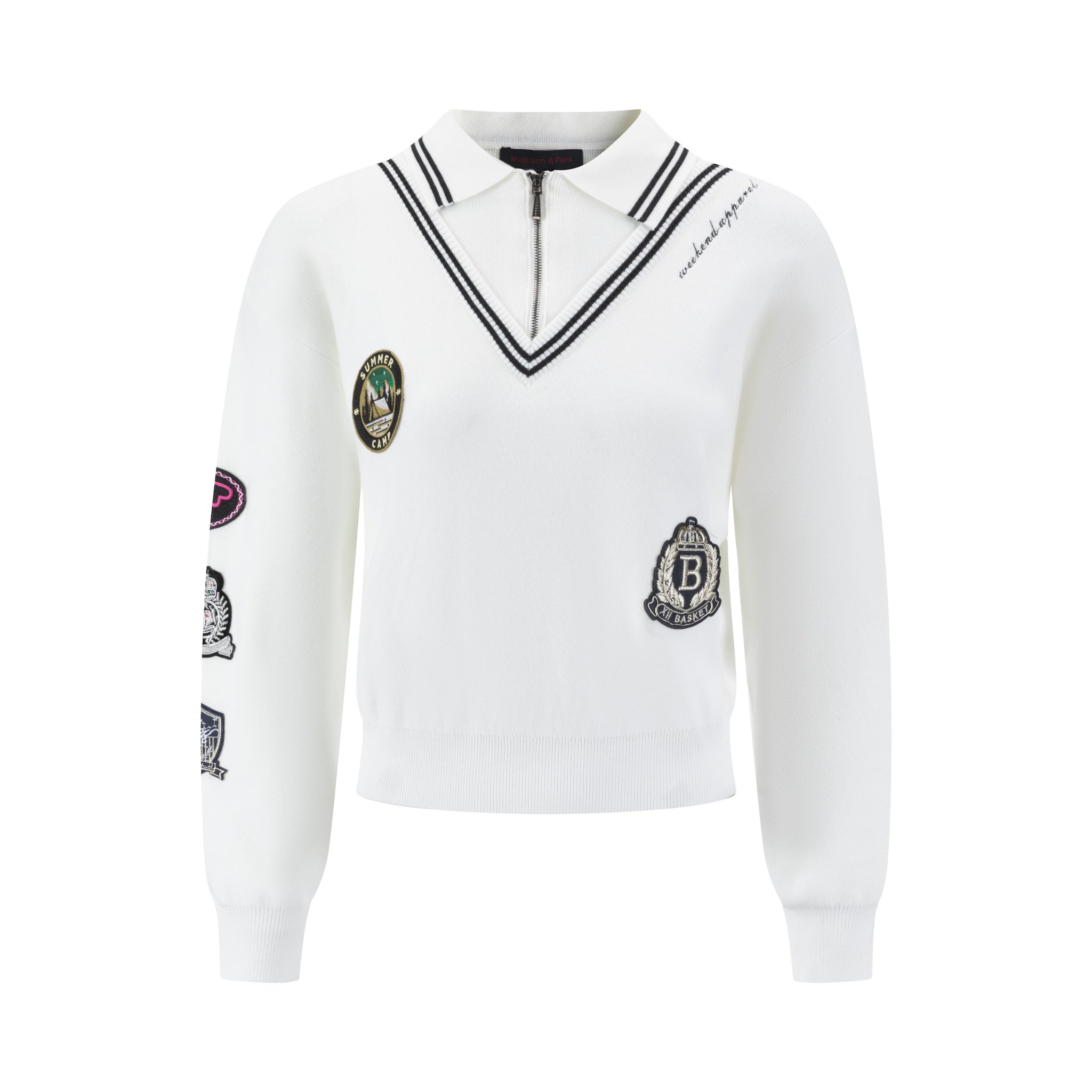 White Knit Collared Sweater With Patches