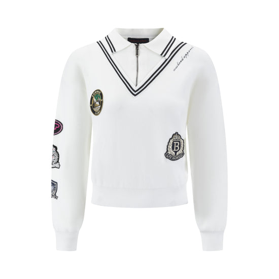 White Knit Collared Sweater With Patches