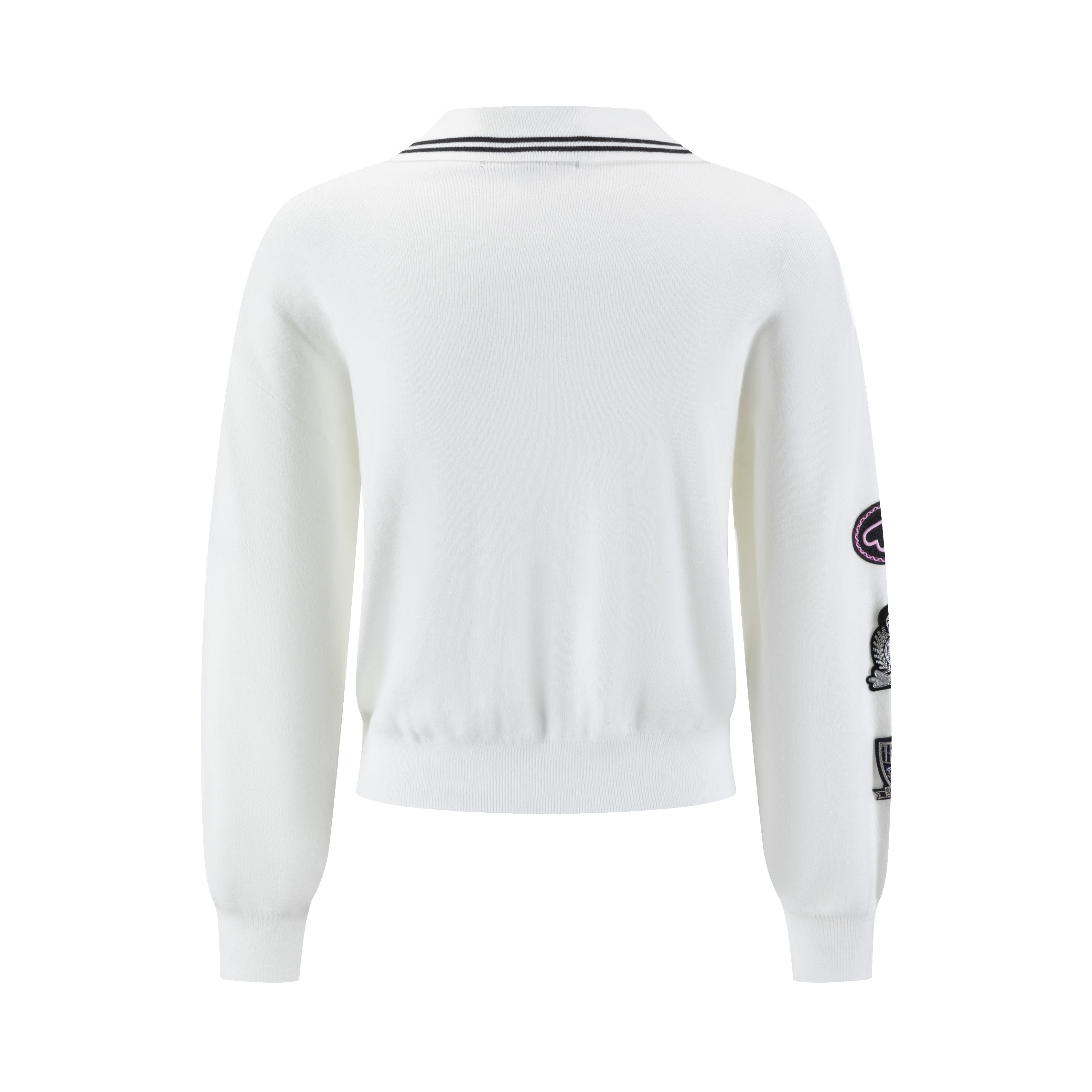 White Knit Collared Sweater With Patches