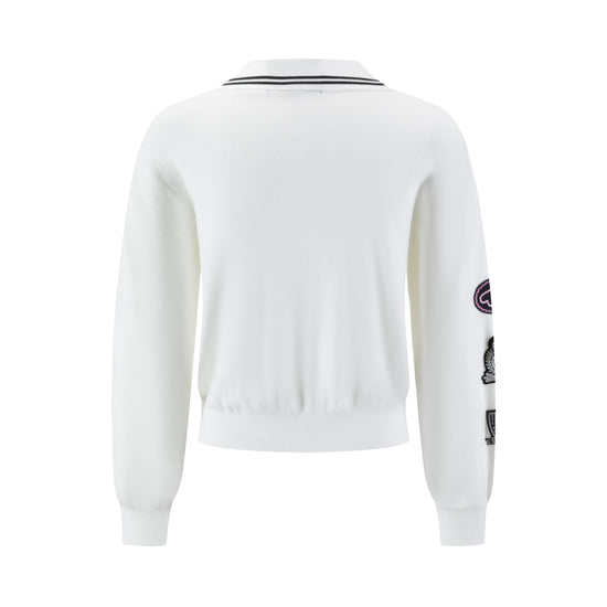 White Knit Collared Sweater With Patches