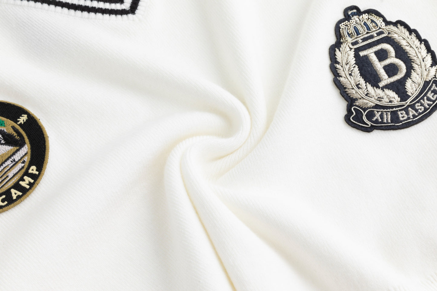 White Knit Collared Sweater With Patches