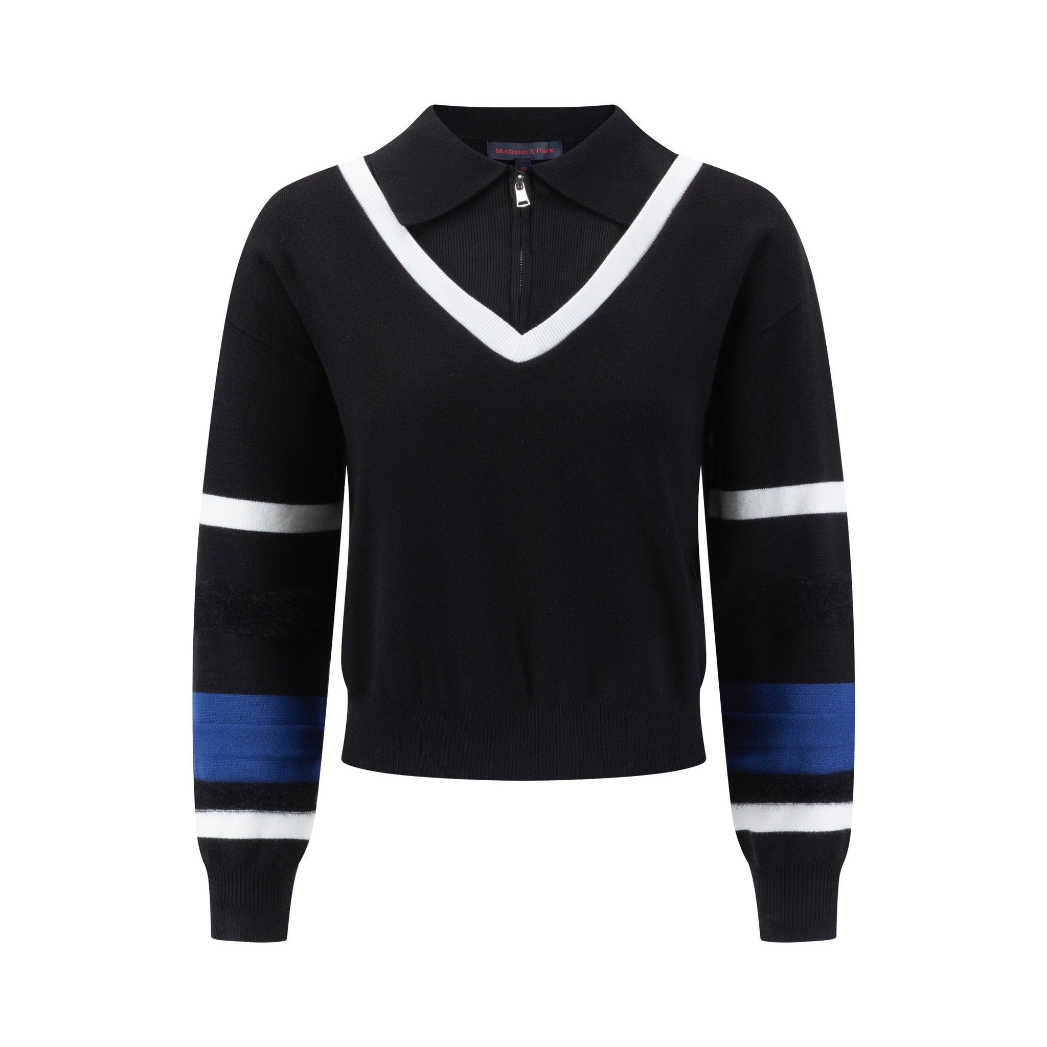 Black Flat And Ribbed Collar Front Zip Knit Top