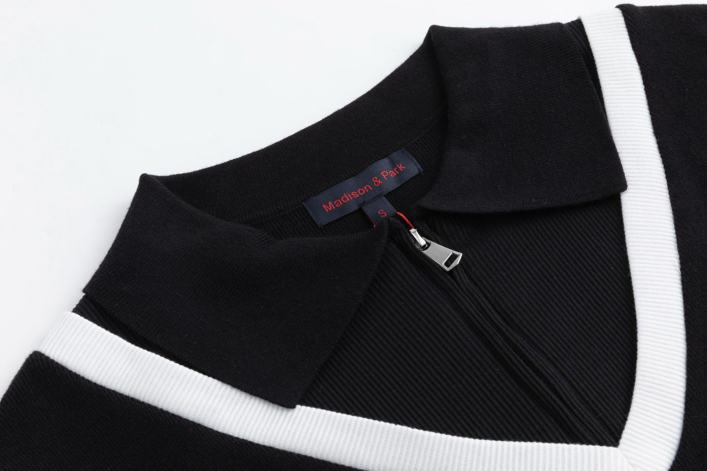 Black Flat And Ribbed Collar Front Zip Knit Top