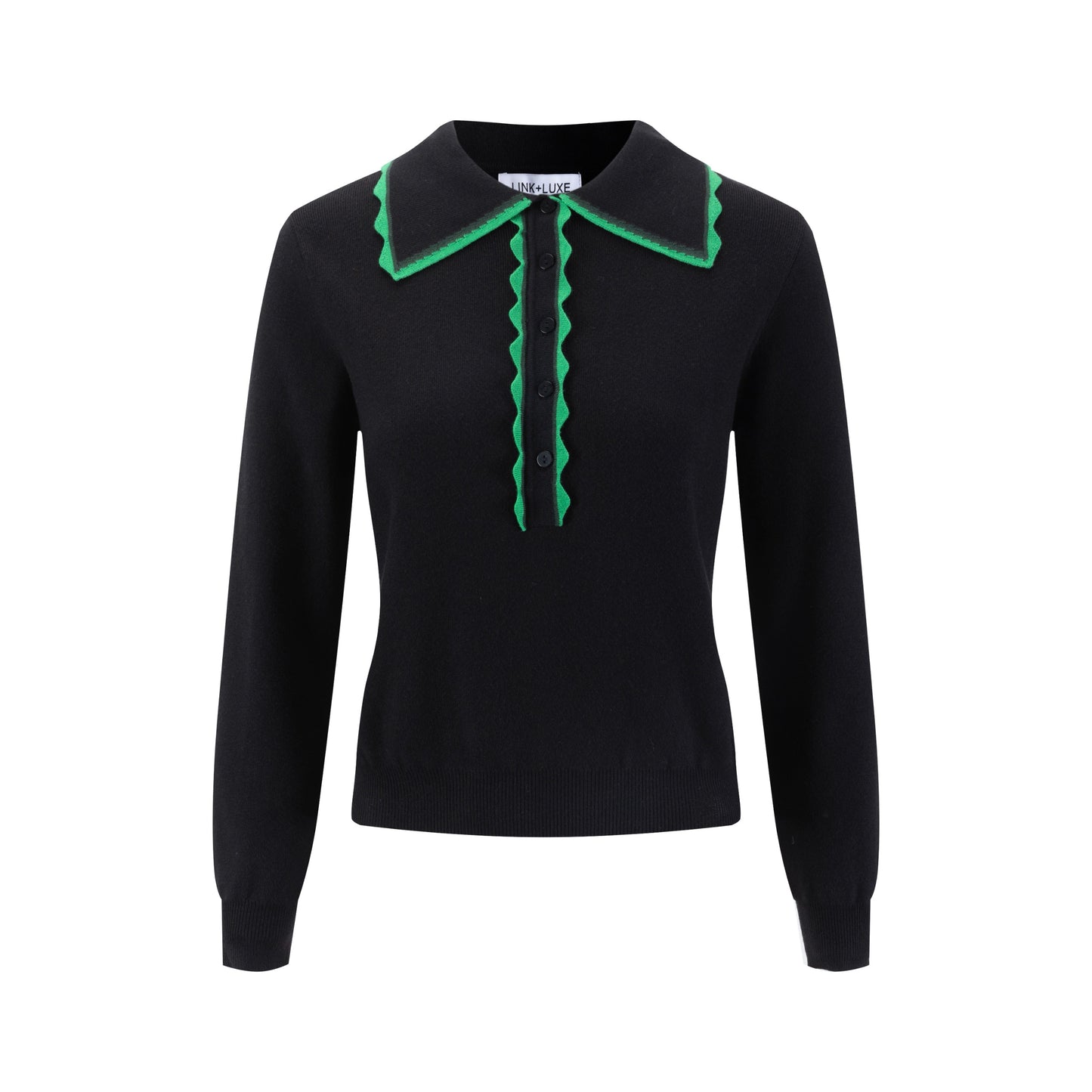 Black Knit Cardigan With Green Collar And Placket