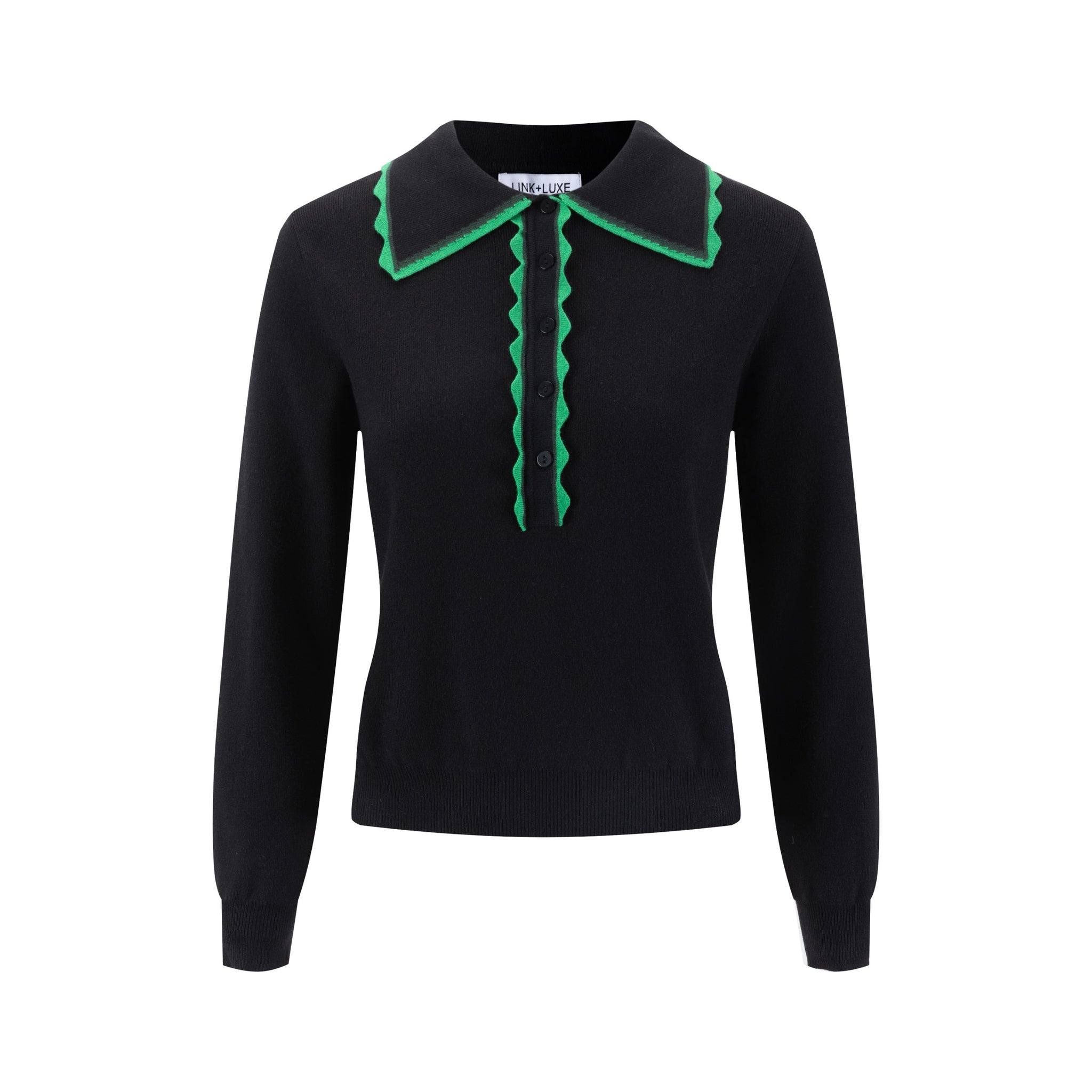 Black Knit Cardigan With Green Collar And Placket