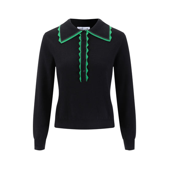 Black Knit Cardigan With Green Collar And Placket