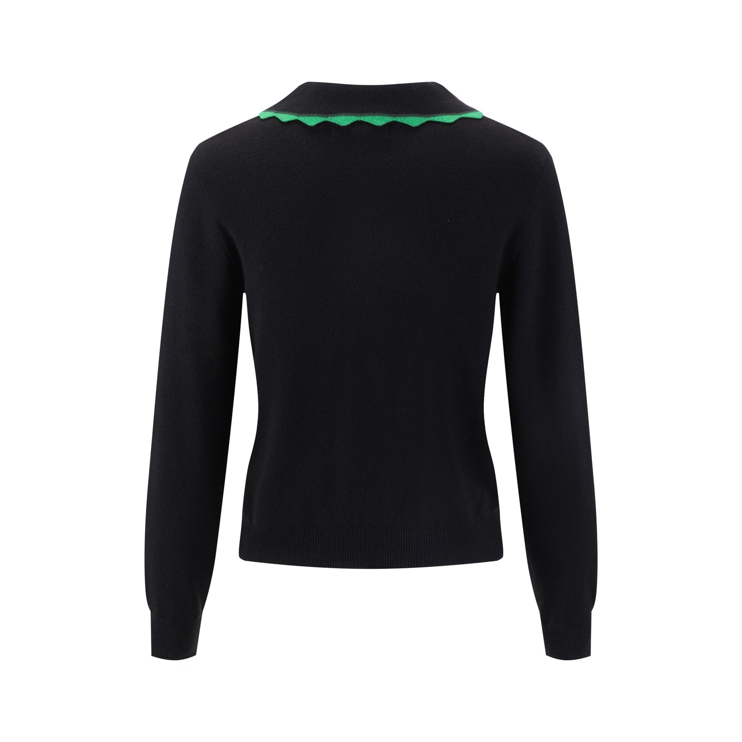 Black Knit Cardigan With Green Collar And Placket