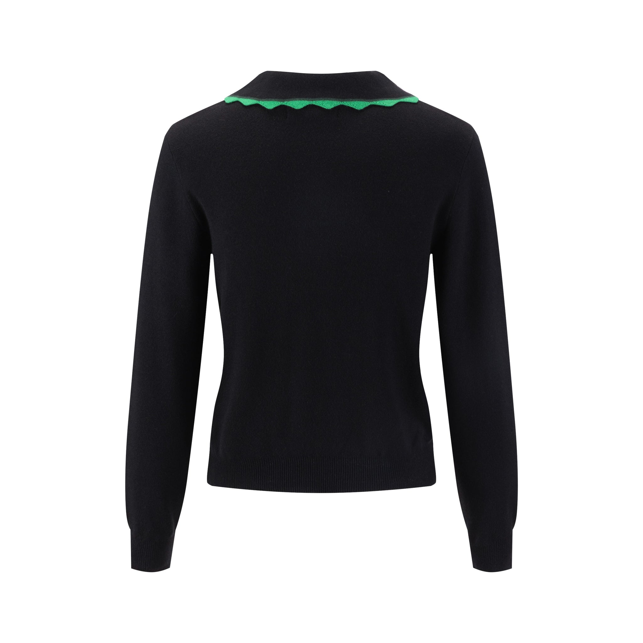 Black Knit Cardigan With Green Collar And Placket