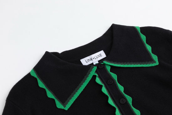 Black Knit Cardigan With Green Collar And Placket