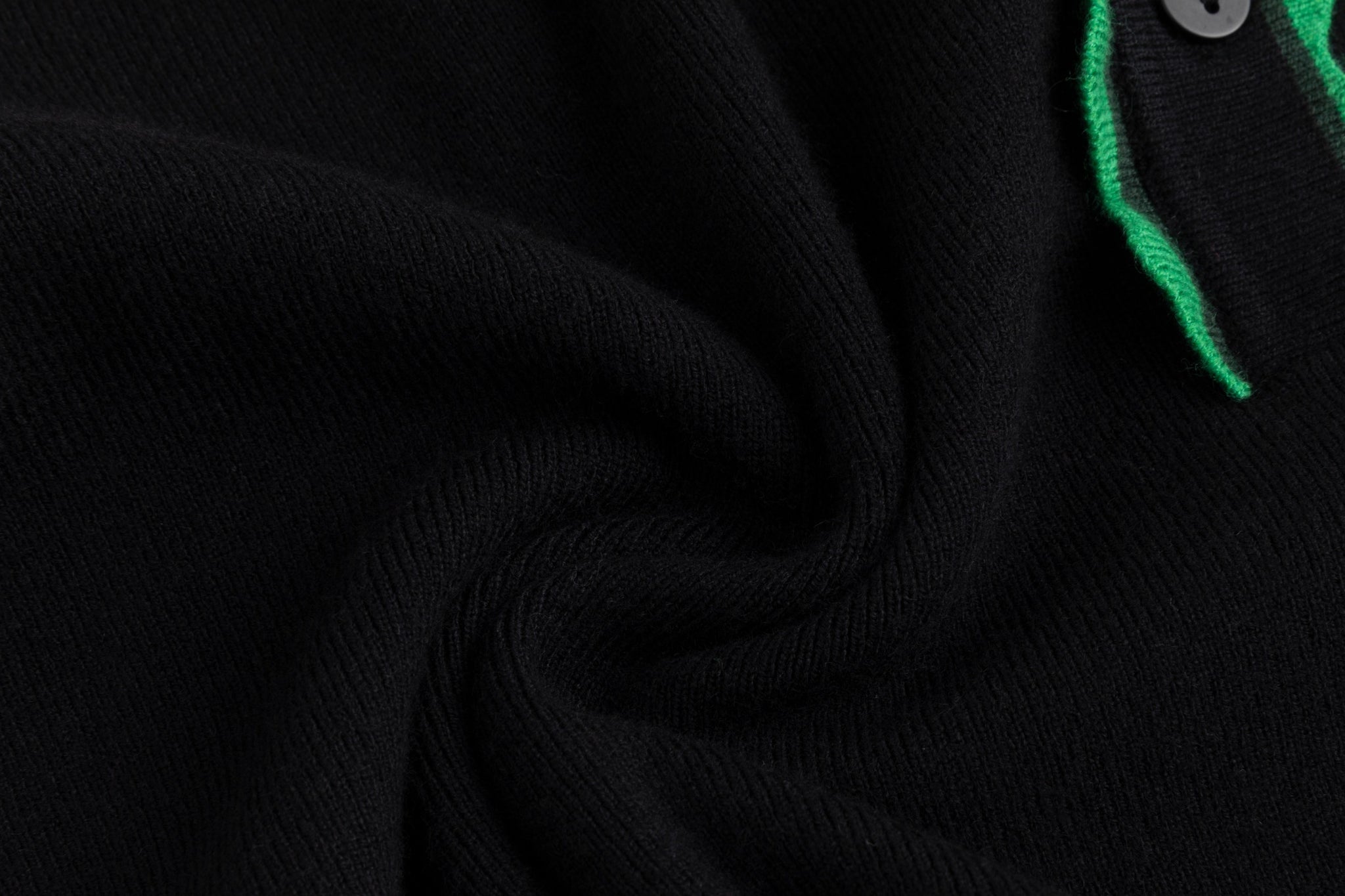 Black Knit Cardigan With Green Collar And Placket