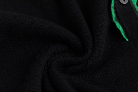 Black Knit Cardigan With Green Collar And Placket