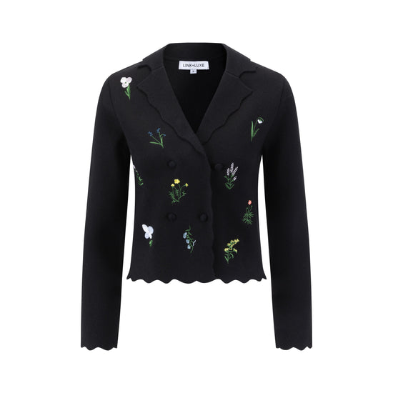 Multi Colored Floral Embroidered Blazer - Black