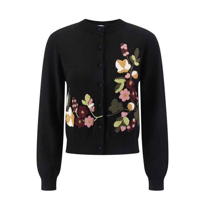 Black Knit With Orange Fuzzy Floral Details