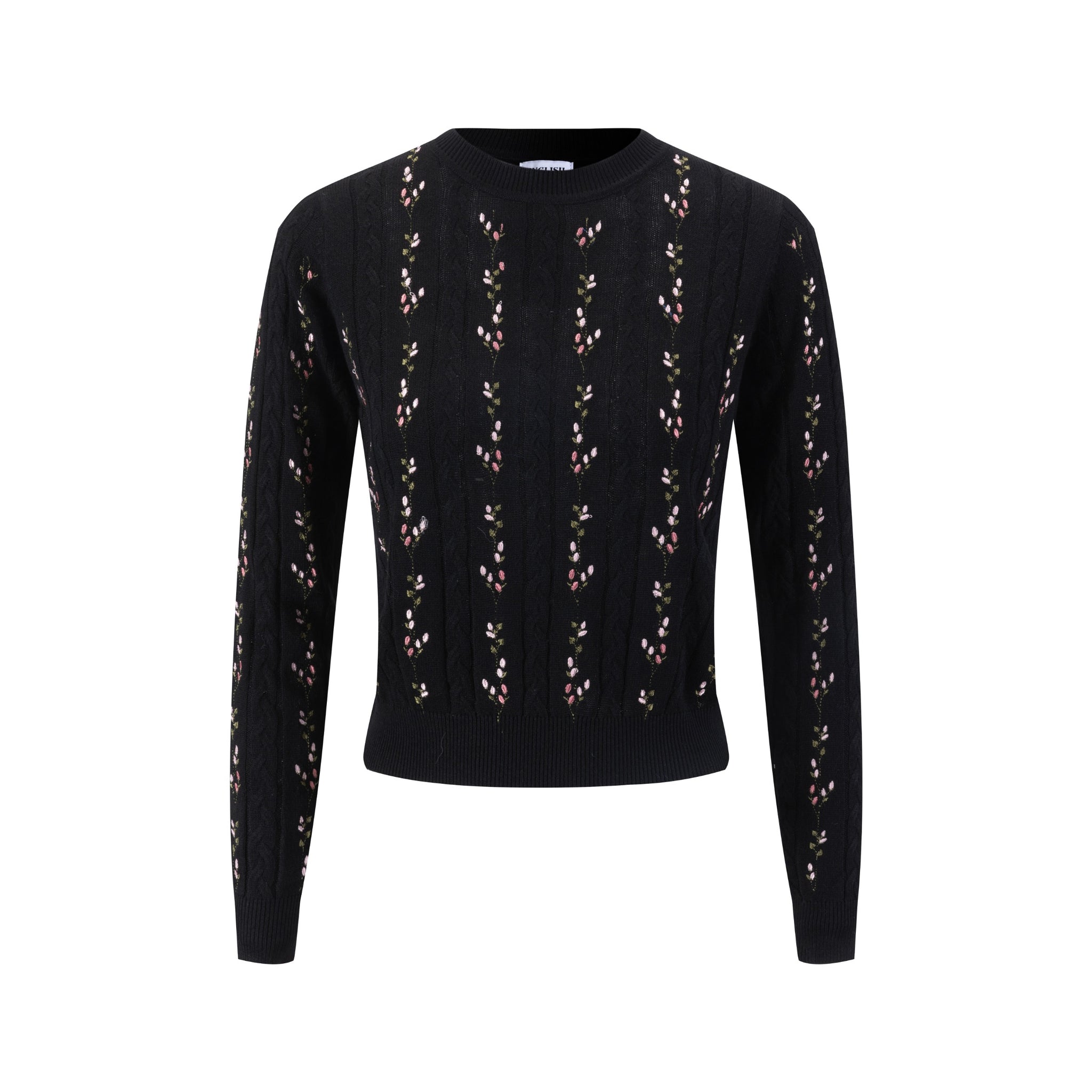 Floral Panelled Embroidered Knit Top - Black