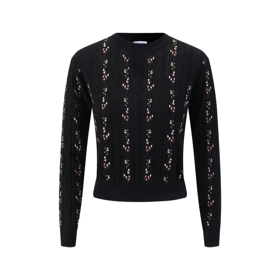 Floral Panelled Embroidered Knit Top - Black