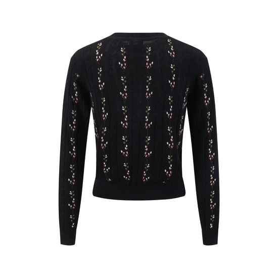 Floral Panelled Embroidered Knit Top - Black